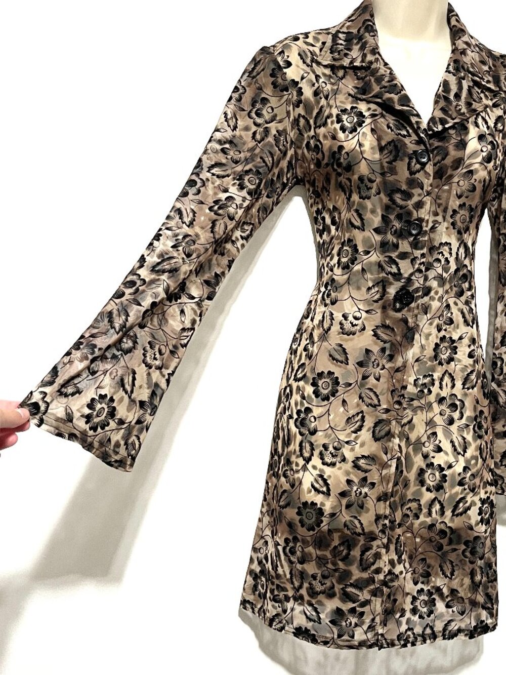 Womens Sheer Trench Jacket S Whimsigoth Fairy Grunge Dark Floral Flare Sleeve